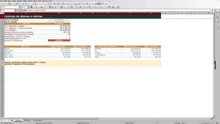Prévia de Controle de dízimos e ofertas no Excel