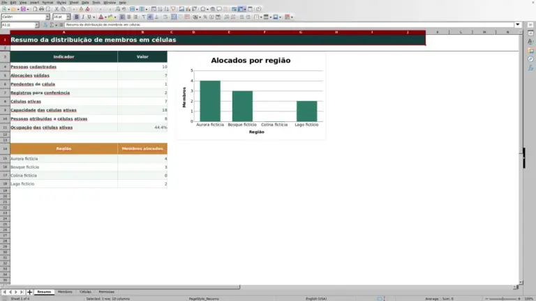 Prévia de Planilha Excel de Distribuição de Membros em Células